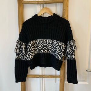 H&M Jacquard Knit Wool Blend Fringe Trim Sweater Size XS Boho Western Winter